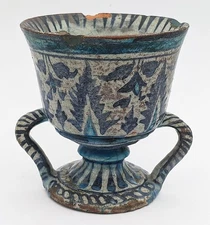 MULTAN PAKISTAN ANTIQUE POTTERY TWO HANDLED CUP 19TH CENTURY​