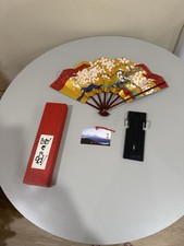 Japanese Folding Fan Sensu Gold Sakura Tree Decorative Fan w/ Box  Stand