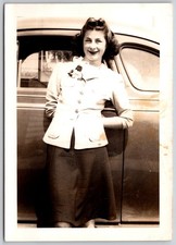 Vintage 1940s Black  White Photo Woman by Classic Car Smiling