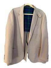 Land  s End Men  s Blazer Sport Coat Tan Khaki Elbow Patch Plaid Lined Size 44 Cla