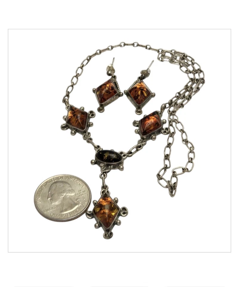 华丽复古纯银琥珀耳环套装项链  — 第 2/4 张图片