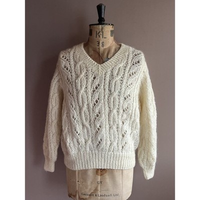 Vintage Aran Pullover Damen Gr. UK 18 Beige V-Ausschnitt Zopfmuster Wolle Mohair »