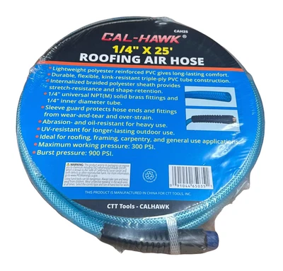 CAL HAWK 1/4" X 25' Air Hose 25 FT Flexible Braid Roofing Clear Blue PVC NPT 300 PSI