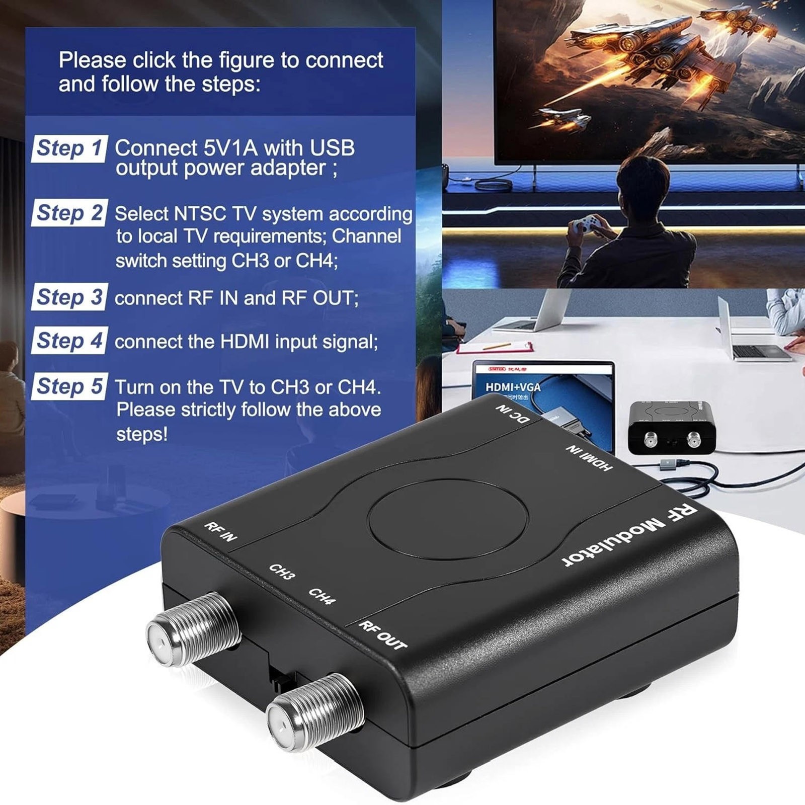 HDMI to RF Modulator HDM61 NTSC CH3/CH4 1080P HDCP1.4 for CCTV/DVR Game Console
