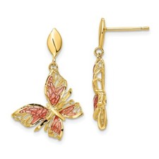 14K Gold Polished Diamond-cut Pink Enamel Butterfly Post Dangle Earrings