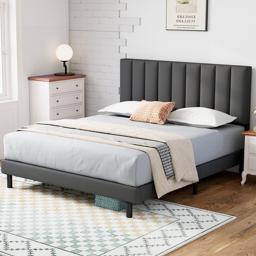 Full Queen King Size Bed Frame,Linen Fabric Upholstered Platform with Headboard - Picture 10 of 25