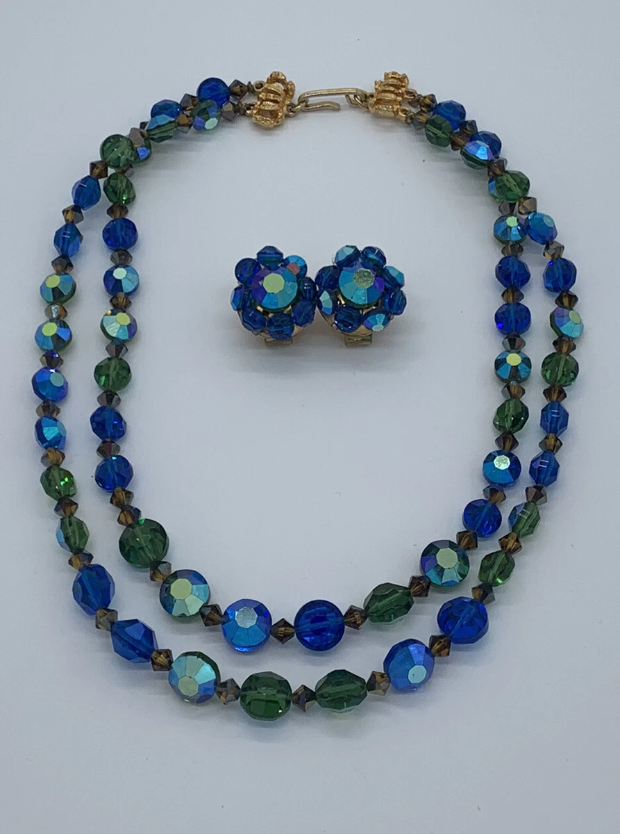 RARE VINTAGE HOBE AB BLUE CRYSTAL 2 STRAND NECKLACE And Clip EARRING SET SIGNED