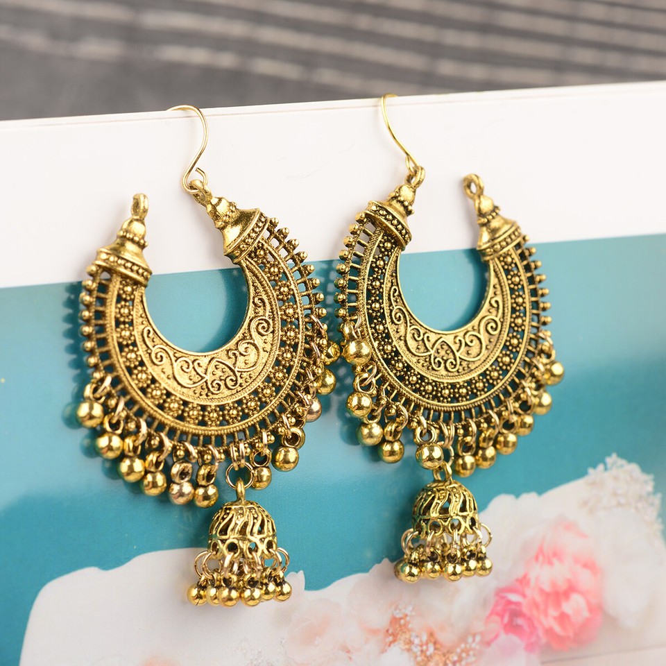 Vintage Gold Silver Tassel Bells Drop Gypsy Retro Jhumka Ethnic - Foto 10