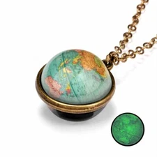 Glow in the Dark Galaxy System Double Sided Glass Dome Planet Pendant Necklace