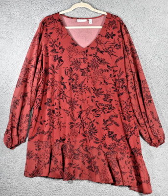 Susan Graver Tunic Blouse Womens 2X Angled Peplum Hem Long Sleeve Red Black