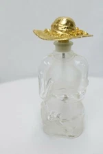 Vintage Perfume Bottle Woman Body Clear frost Glass Gold Hat Metal Dabber