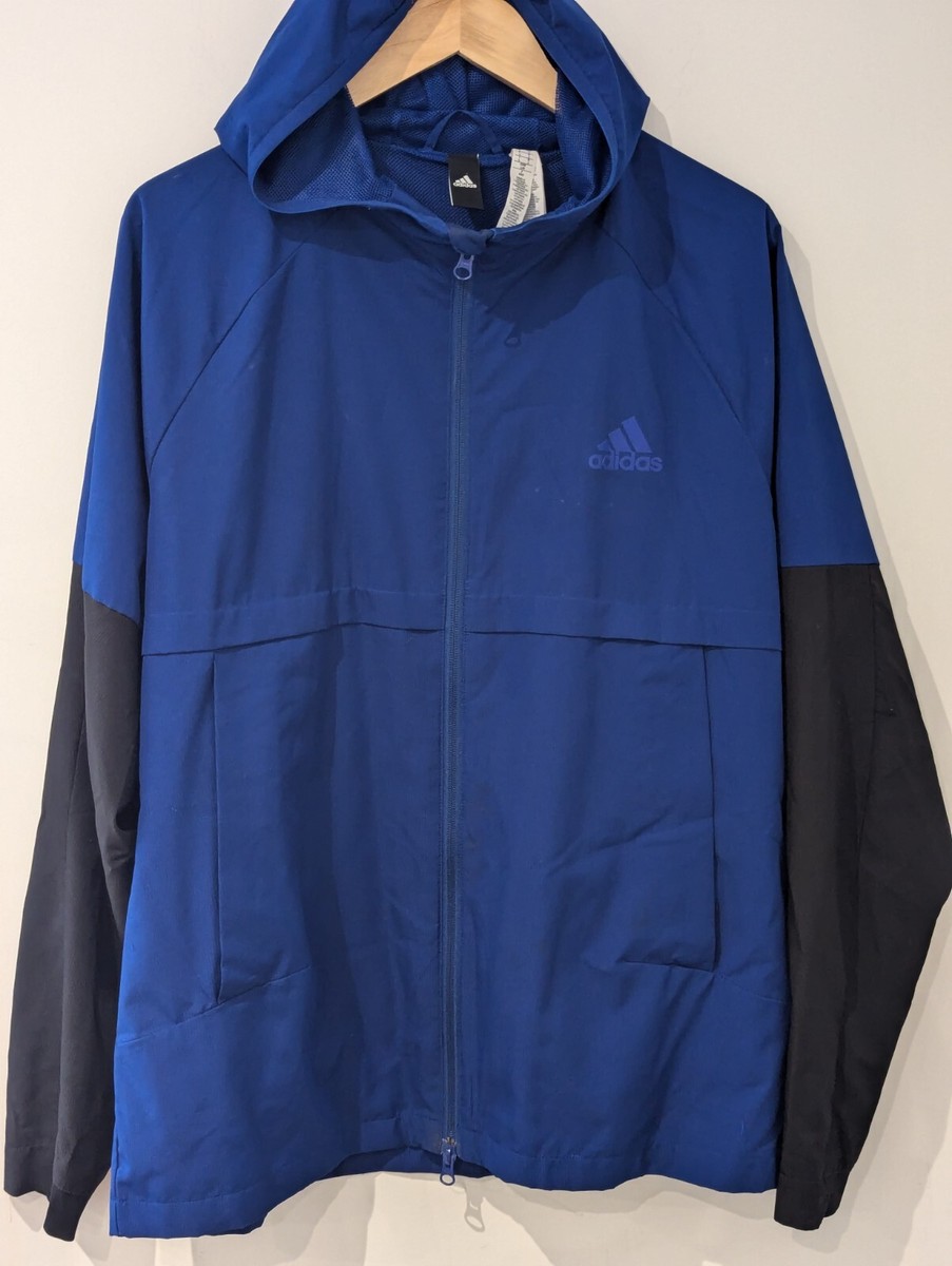 Adidas Windbreaker Jacket Mens Large Royal Blue Black Full Zip Hooded