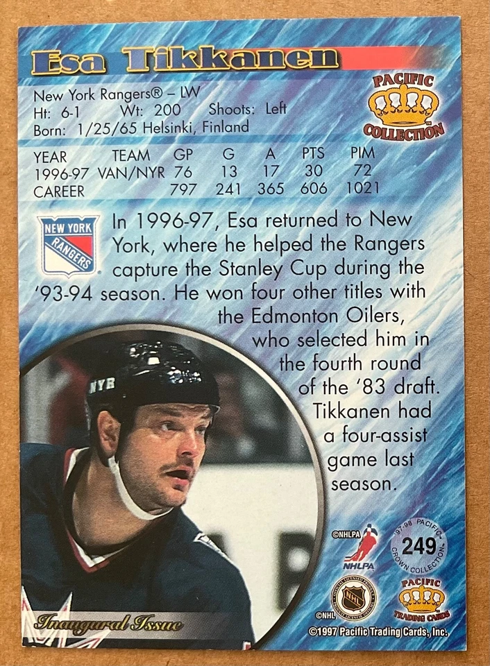 1997-98 ESA TIKKANEN PACFIC EMERALD PARALLEL INSERT CARD #249 NEW YORK RANGERS - Image 2 of 2