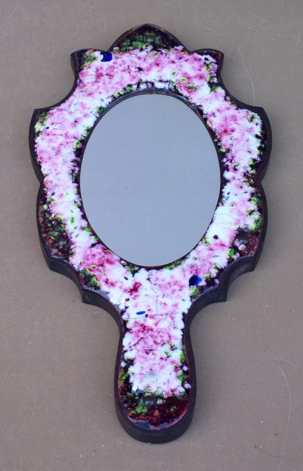 Ancien miroir face à main plaque émaillée sur bois déco coiffeuse salle de bain - Photo 2/4