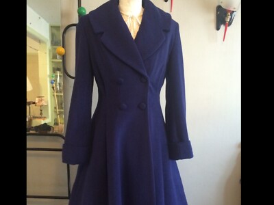 Classic 1950 Vintage Style Fit and Flare Coat, Wool Mix Navy,  14 UK