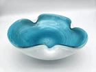 VTG Murano Cased Glass Bowl Aqua White Metallic Aventurine Swirl Pinched MCM 7"