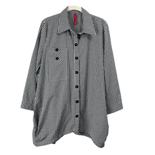 IC by Connie K button up plaid tunic top Size L white black boho lagenlook