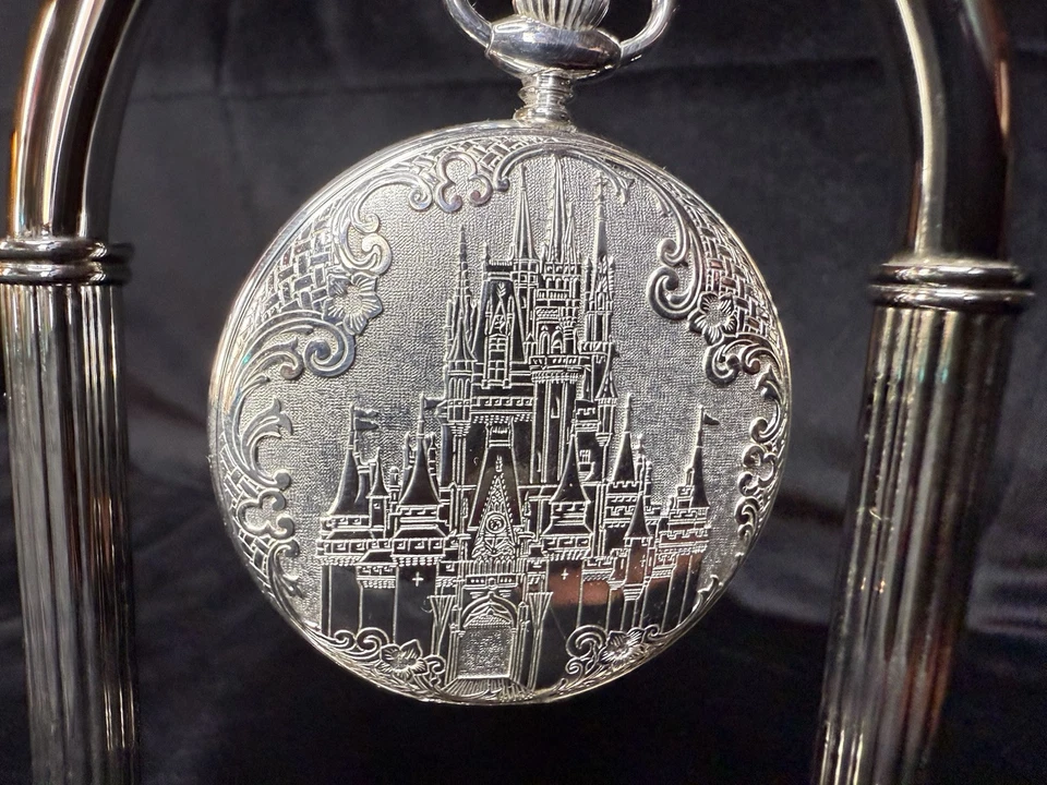 Disney World Magic Kingdom Sterling Silver Pocket Watch Cinderella’s Castle RARE - Image 2 of 4