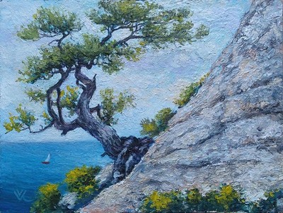 Gemälde ''Einsames Segel'' LWK  21x16 cm. Original Handgemalt Ölmalerei Kunst