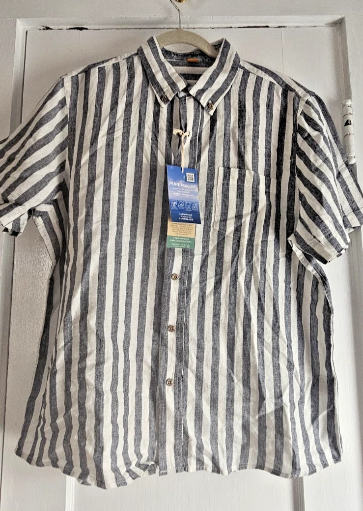 NWT TAILOR VINTAGE PUREtec cool striped button down linen blend shirt mens L