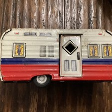 Vintage Tin MT Toys House Camper Trailer 7" Red White  Blue Decorative