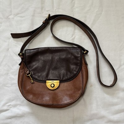 FOSSIL Emi Saddle Bag Brown Cognac Leather Two Tone Crossbody Purse Bag Y2K 