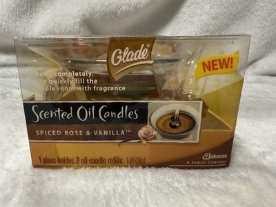 GLADE SCENTED OIL CANDLES SPICED ROSE & VANILLA GLASS HOLDER & 2 CANDLE REFILLS