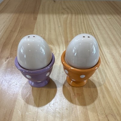 Ceramic Egg Polka Dot Salt & Pepper Shakers Set White Purple Orange Glossy