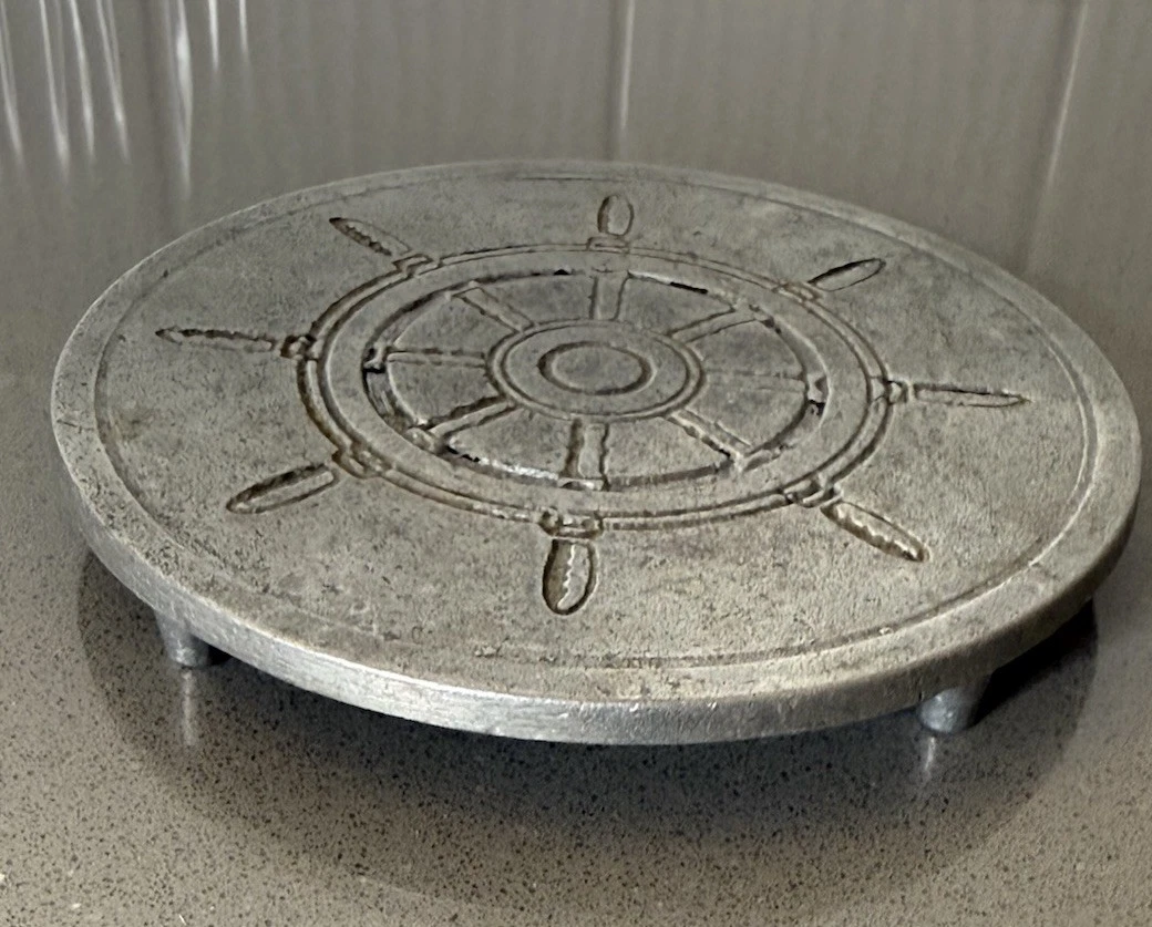 Vintage Colonial York Pewtarex Aluminum Trivet Ships Wheel Nautical Helm MCM USA - product detail image 1