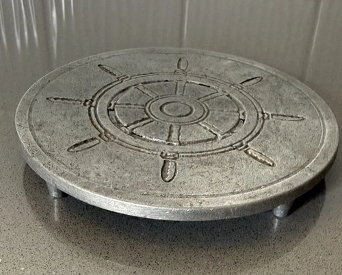 Vintage Colonial York Pewtarex Aluminum Trivet Ships Wheel Nautical Helm MCM USA video thumbnail