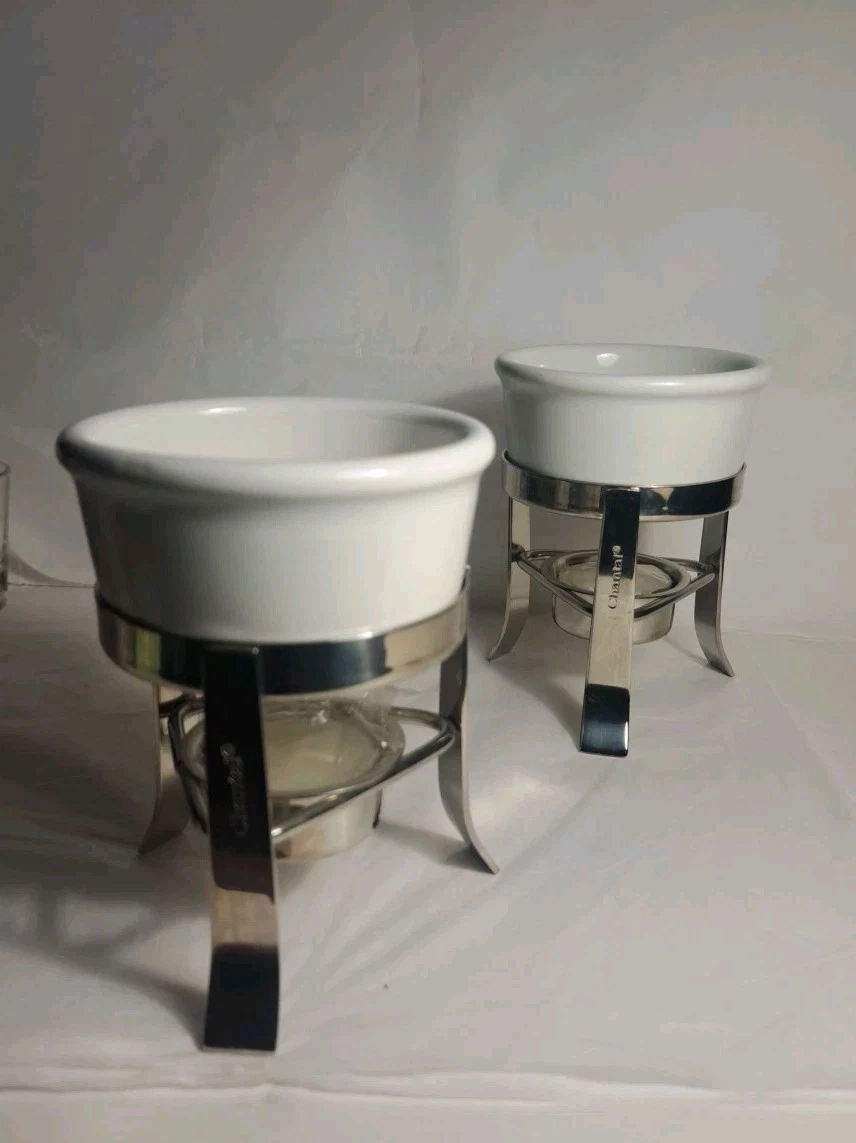 2 Chantal Butter - Fondue Warmers w/ Ceramic Pot, Stand, Tealight Candle White