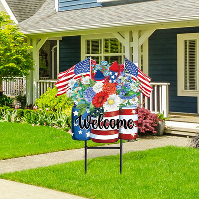 Patriotic Flower Metal Garden Stakes 4Th of July American Flag Floral Vase Decor