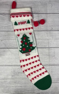 Knit Christmas Stocking 22  Red White Green Vintage Christmas Tree  MOM 