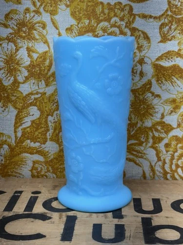 Vtg Fenton Blue Satin Milk Glass Peacock Vase Embossed Flowers Aqua 8" Custard