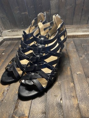 Nine & Co Women's Sz 8? Black Open Toe Gladiator Style Block Heel Shoes