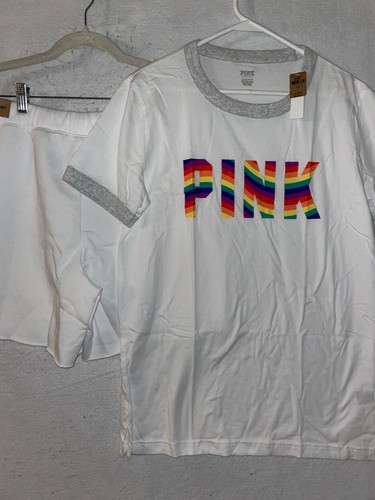 Victoria Secret PINK T-shirt shorts matching Set Lot sz S NEW 2 pc rainbow white - Picture 5 of 12