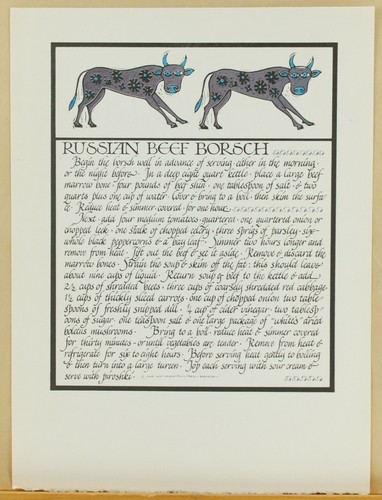 Russian Beef Borsch Recipe VTG Illustrated David Goines Calligraphy Art Print