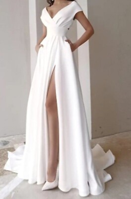 WEDDING DRESS  FLOOR-LENGTH WHITE SPLIT FRONT O RING OPEN AT THE BACK WITH TRAIN