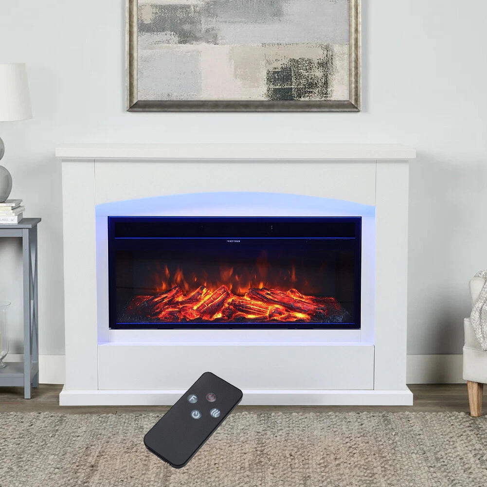 White Wood Mantel LED Flame Electric Fire Inset Fireplace Living Room  Decorative | eBay