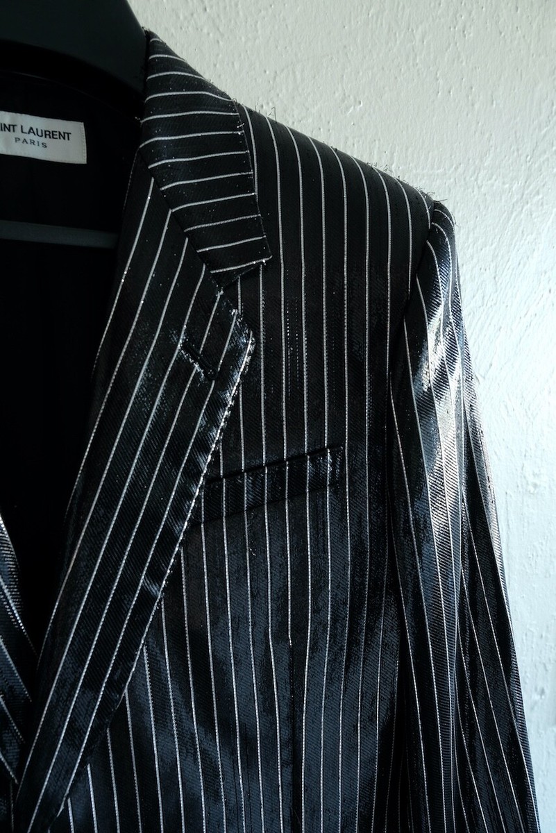 Saint Laurent Pinstripe Blazer Shiny Lamé Jacket FW16 Hedi Saint Laurent Pinstripe Blazer Shiny Lamé Jacket FW16 Hedi