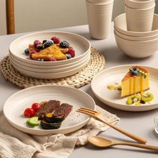 18PCS Wheat Straw Cutlery Set Unbreakable Cutlery Set Cup Plate and Bowl Set