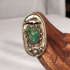 Vintage Old Pawn Navajo Sterling Silver Turquoise Green Blue Feather Ring Sz 6