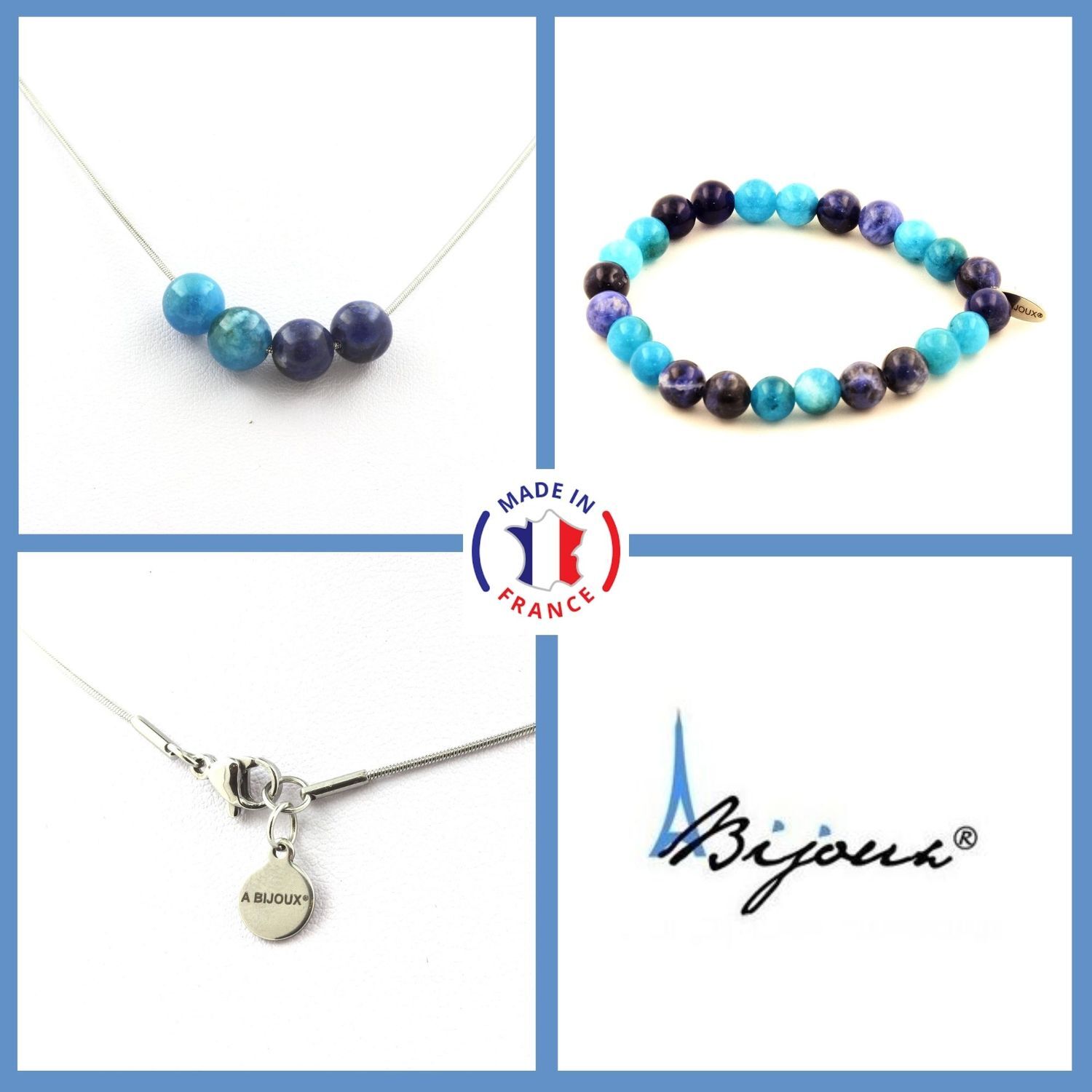 Bracelet collier perles sodalite et apatite 8mm parure lithothérapie