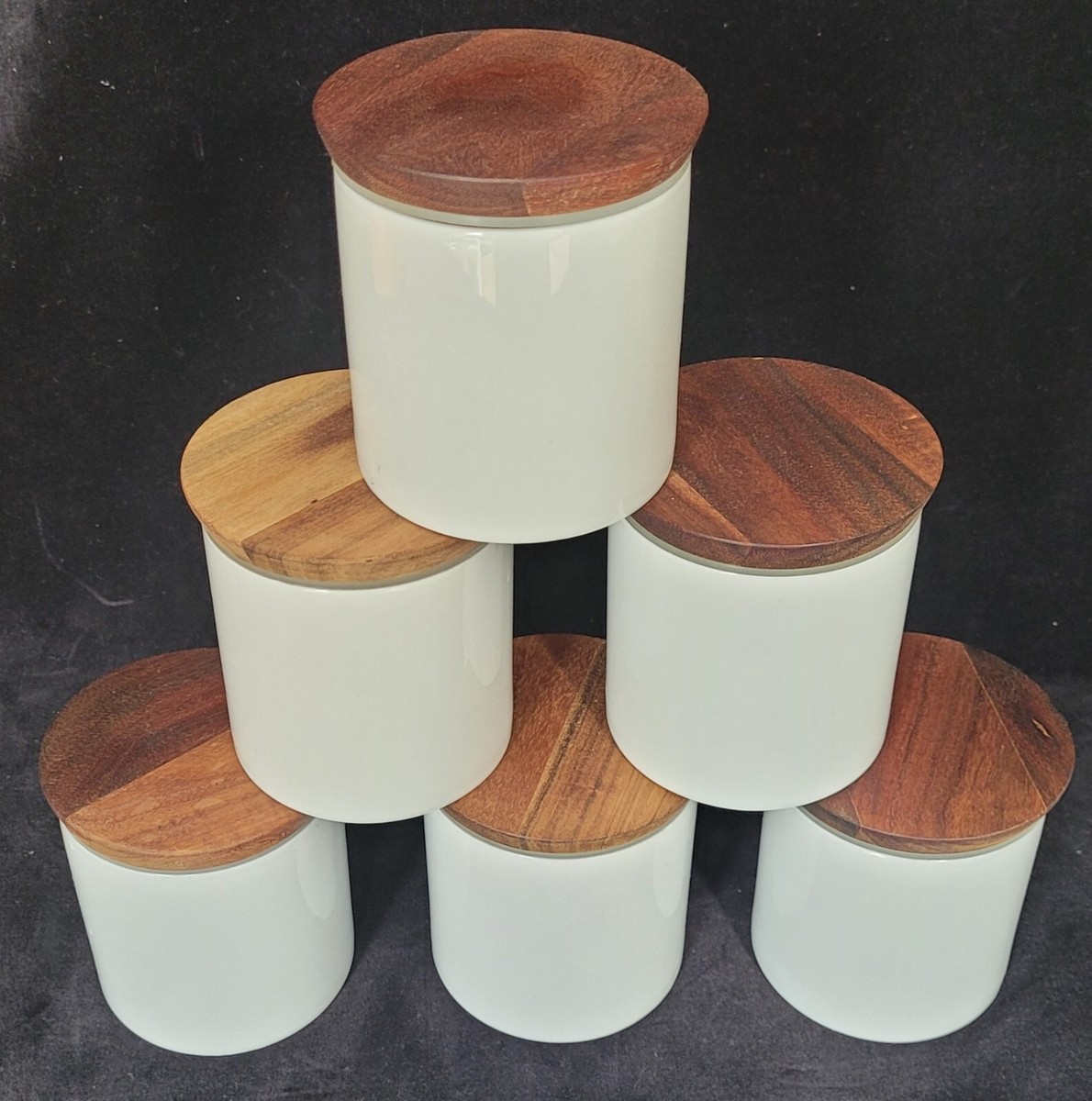 Set of Ikea Celebar white ceramic spice jars, wooden lids cm