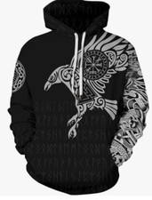 Rainbow Town Unisex Viking Tattoo Pattern Hoodie Big Pocket Odin/Asgard Totem SM