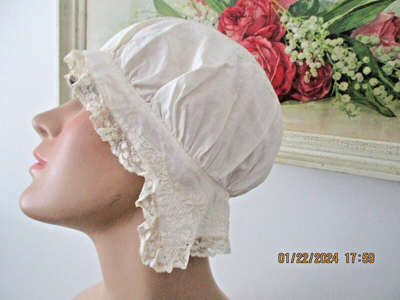 Antique Victorian Night Cap Hand Embroidered Gem