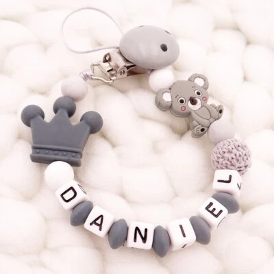 HANDGEFERTIGT Schnullerkette mit Namen DIY Silikon Krone Koala Bär Geburt Nuckelkette Geschenk