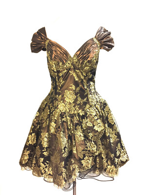 Vintage VICKY TIEL Bronze Floral Lace Fit & Flare Corset Evening Dress SzFR38