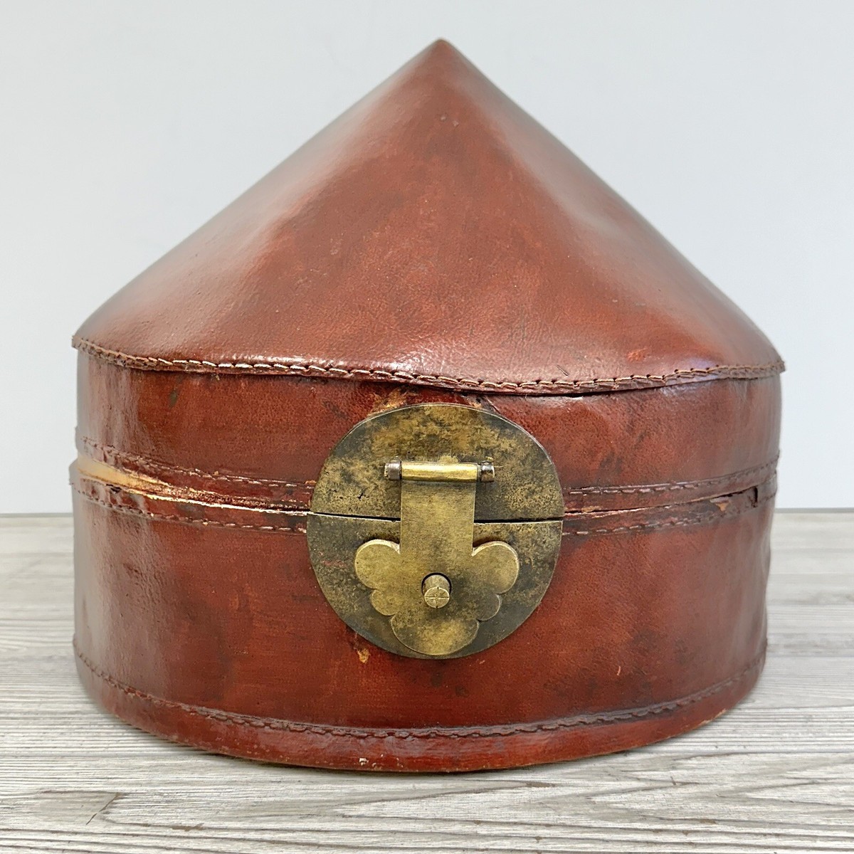 Antique Chinese Official's Red Leather Conical Lid Hat Box Qing