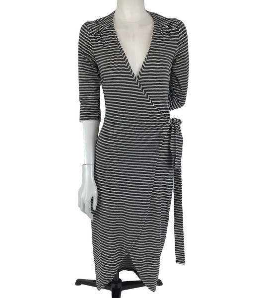 Atmos&Here Dress Black Size 6 White Chevron Stripe Wrap Midi 3/4 Sleeve Stretch